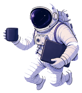 Astronaut schwebt mit Kaffeetasse und Tablet durchs All