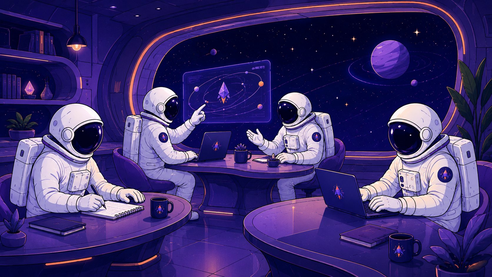 Astronauten arbeiten und tauschen sich gemeinsam aus